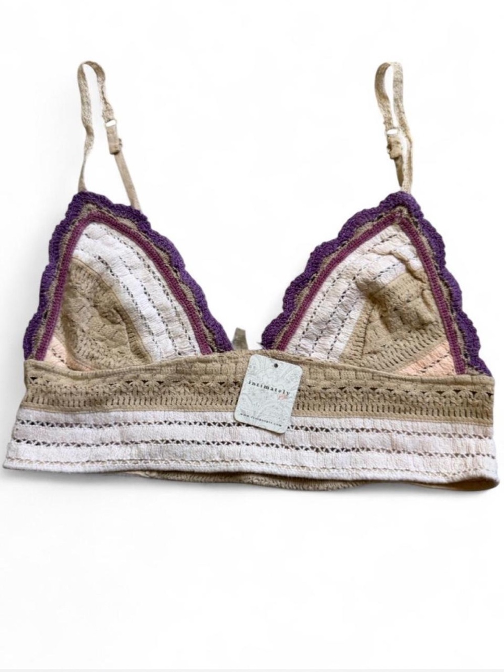 NWT Free People soft pink crochet stretch bralette with purple trim, size M